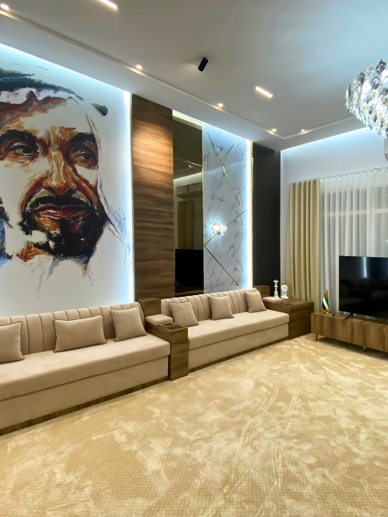 Majlis wall design with a portrait of the late Sheikh Zayed bin Sultan Al Nahyan by Al Malek Carpentry