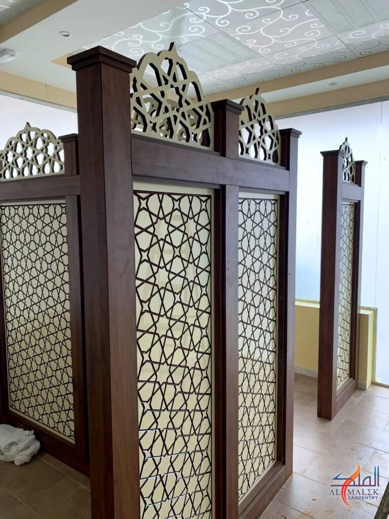 Freestanding partitions with CNC-cut geometric infill panels and arched crest tops, by Al Malek Carpentry
